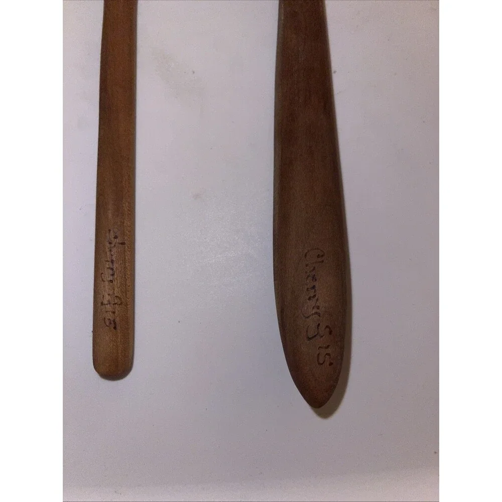 2 Cherry Carved Slotted Wooden Spoons 10 in & 7.5 in